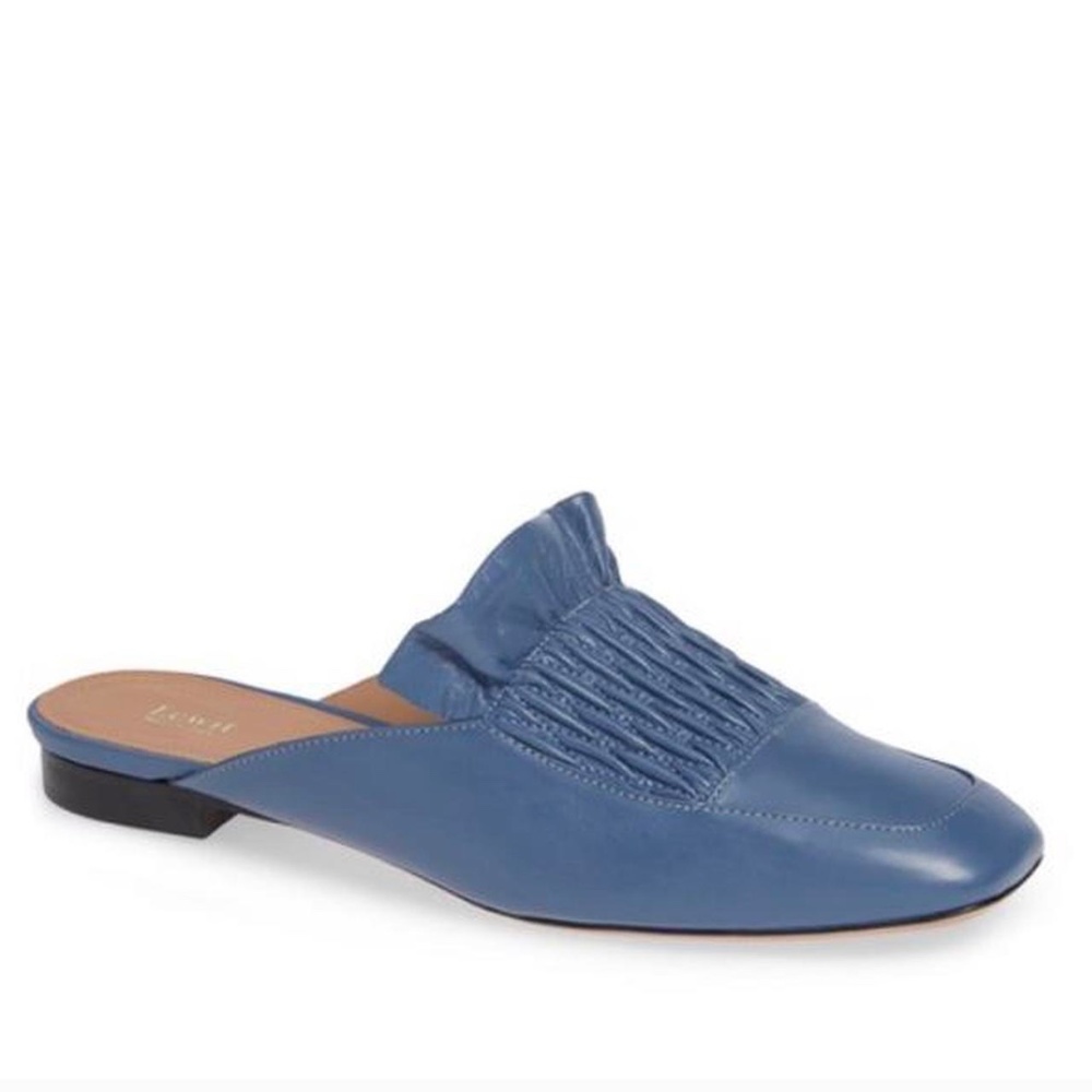 Lewit Serena ruffled blue leather loafer mule